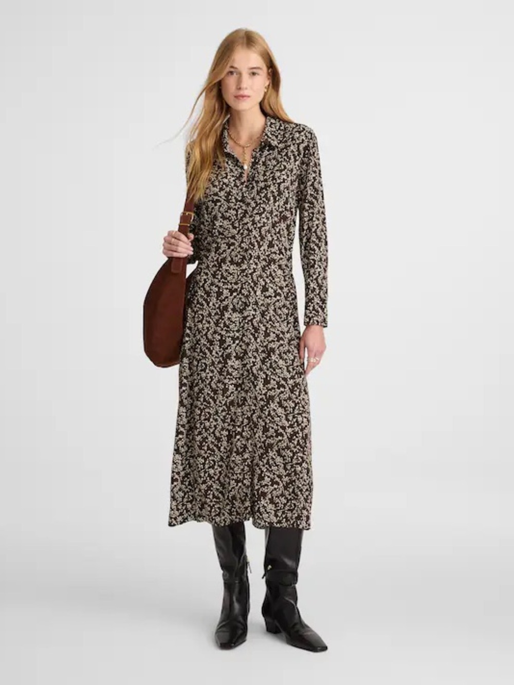Madewell Ruched Midi Shirtdress Bridgette Spots Brown Crepe Size 14